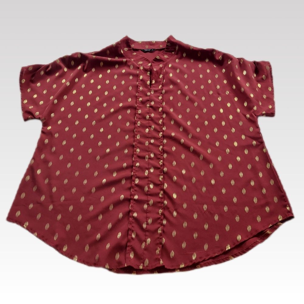 Gold Dot Tunic Top 4X Burgundy Mandarin Collar Ruched Short Sleeve Casual Shirt